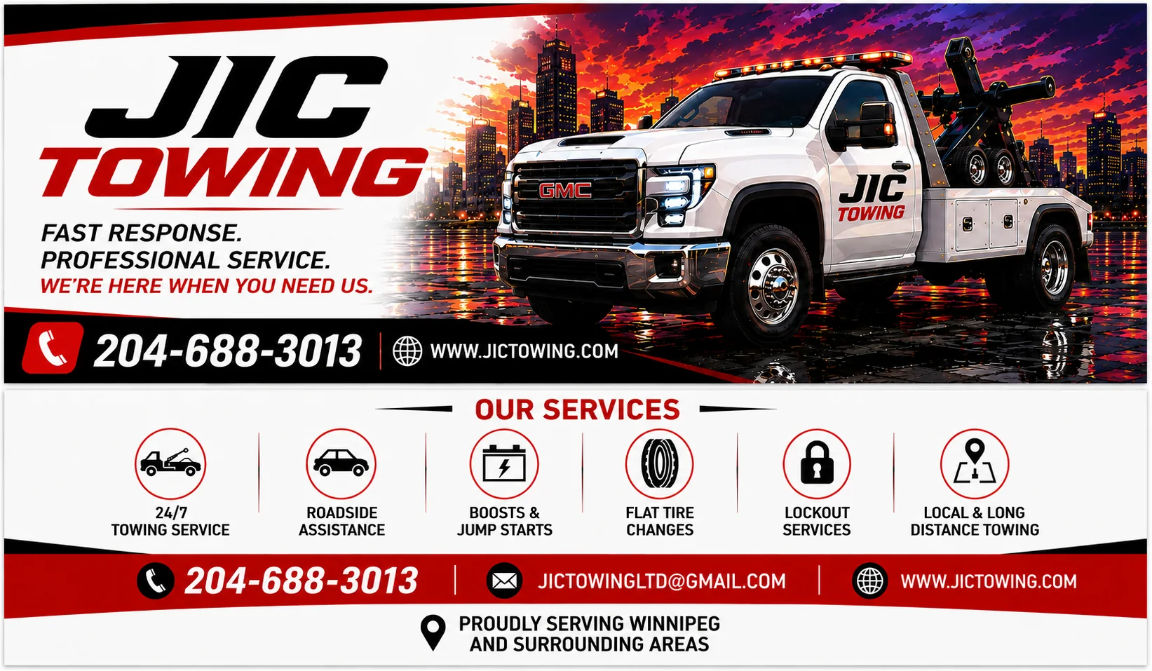 JIC Towing tow truck ready for 24/7 towing and roadside assistance in Winnipeg